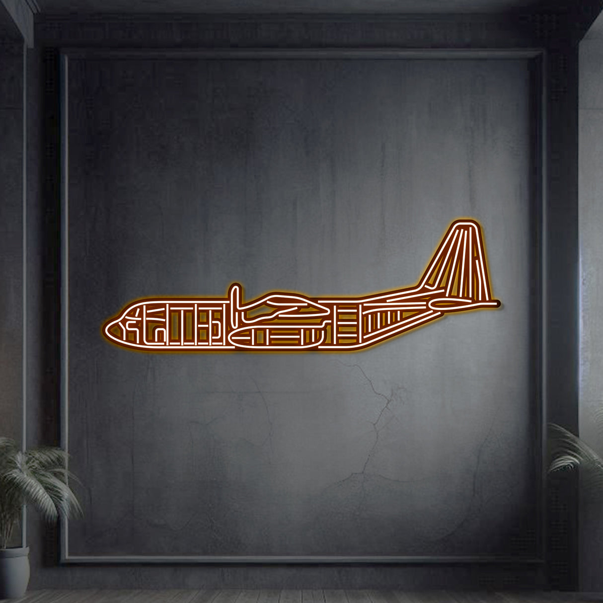 Navigate Craft C‑130 décor, ready-to-hang with neon outline—ideal avgeek gift for military airlift and humanitarian mission enthusiasts