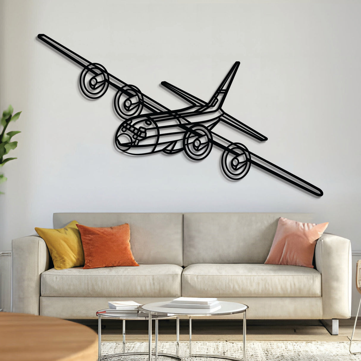 Lockheed C‑130H2 Hercules angle-view metal wall art, laser-cut 2 mm steel with matte textured finish and 3D elevation