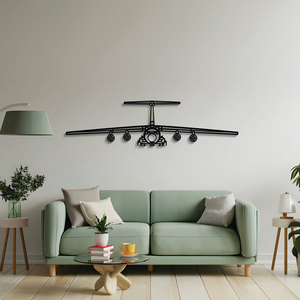 2 mm steel C‑141B Starlifter wall art, powder‑coated matte finish, floats ~1 cm off wall for dramatic 3D depth