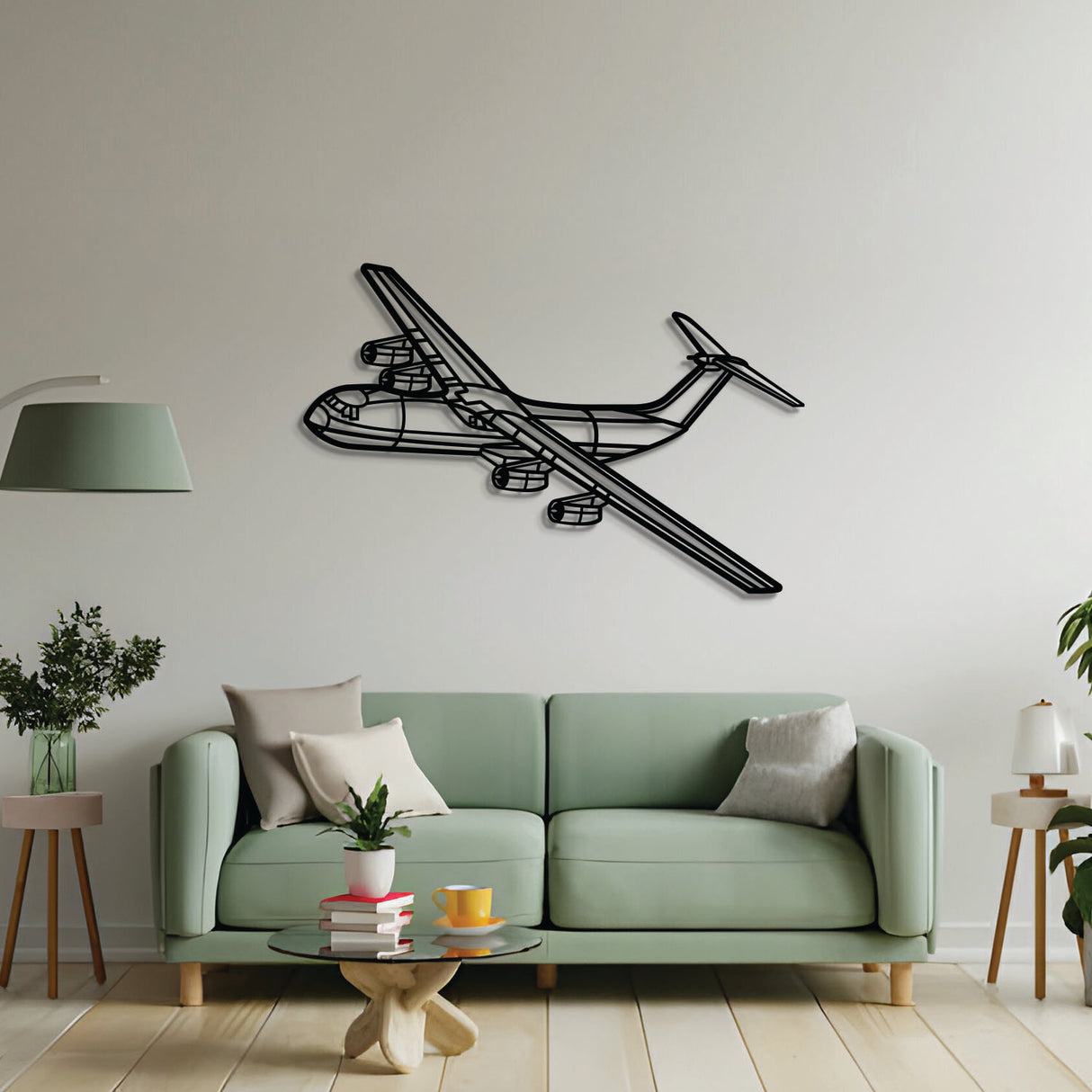 2 mm steel C‑141B Starlifter wall art, powder‑coated matte finish, floats approximately 1 cm off wall for dramatic 3D depth