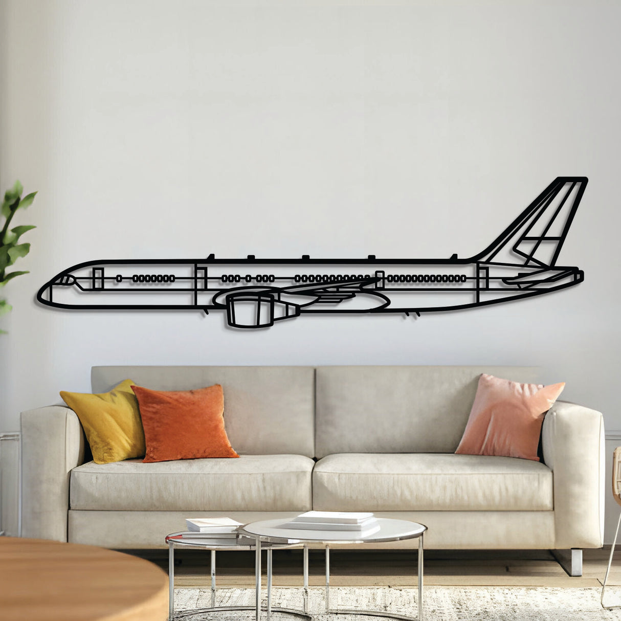 Boeing C‑32 executive transport jet silhouette wall art, laser‑cut 2 mm steel with matte textured finish and 3D elevation