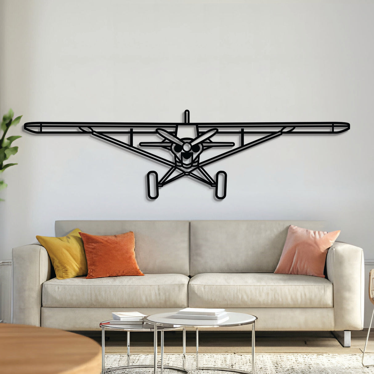 Carbon Cub front-view metal aircraft wall art, laser‑cut 2 mm steel with matte powder-coated finish and 3D elevation