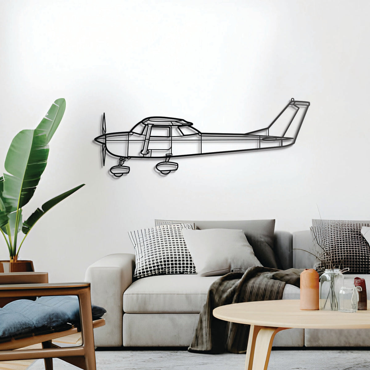Cessna 150 general aviation trainer silhouette, elevated 1 cm from wall, ready‑to‑hang aviation art
