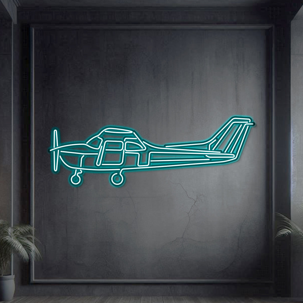 Neon‑lit Cessna 172 silhouette wall art, textured steel with floating neon frame for dynamic 3D depth