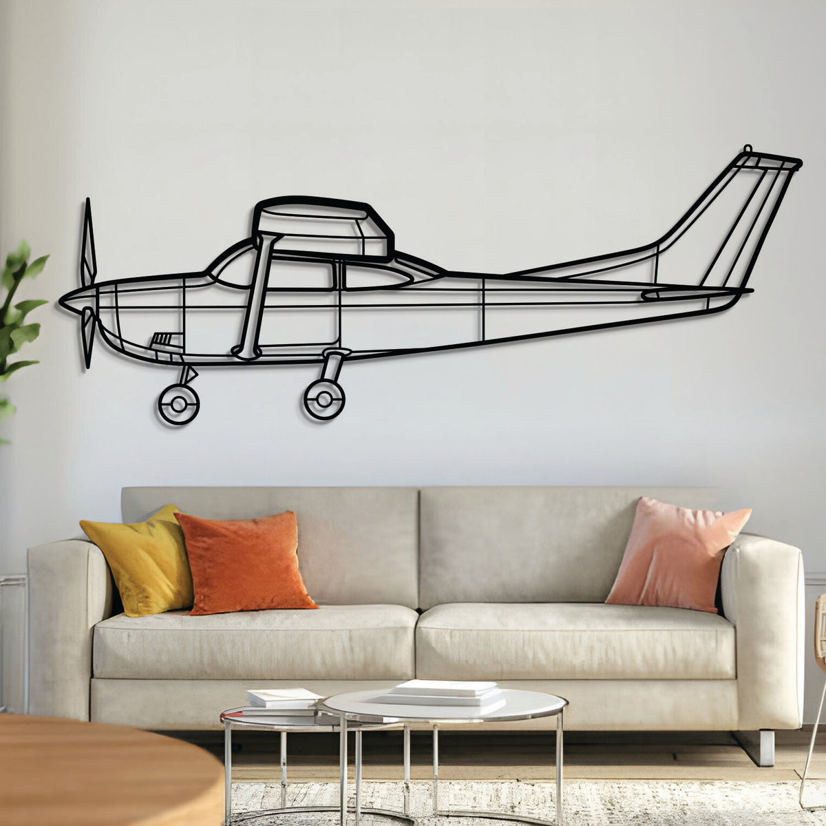 Cessna 182H Skylane metal wall art – laser-cut matte black steel high-wing single-engine aircraft silhouette