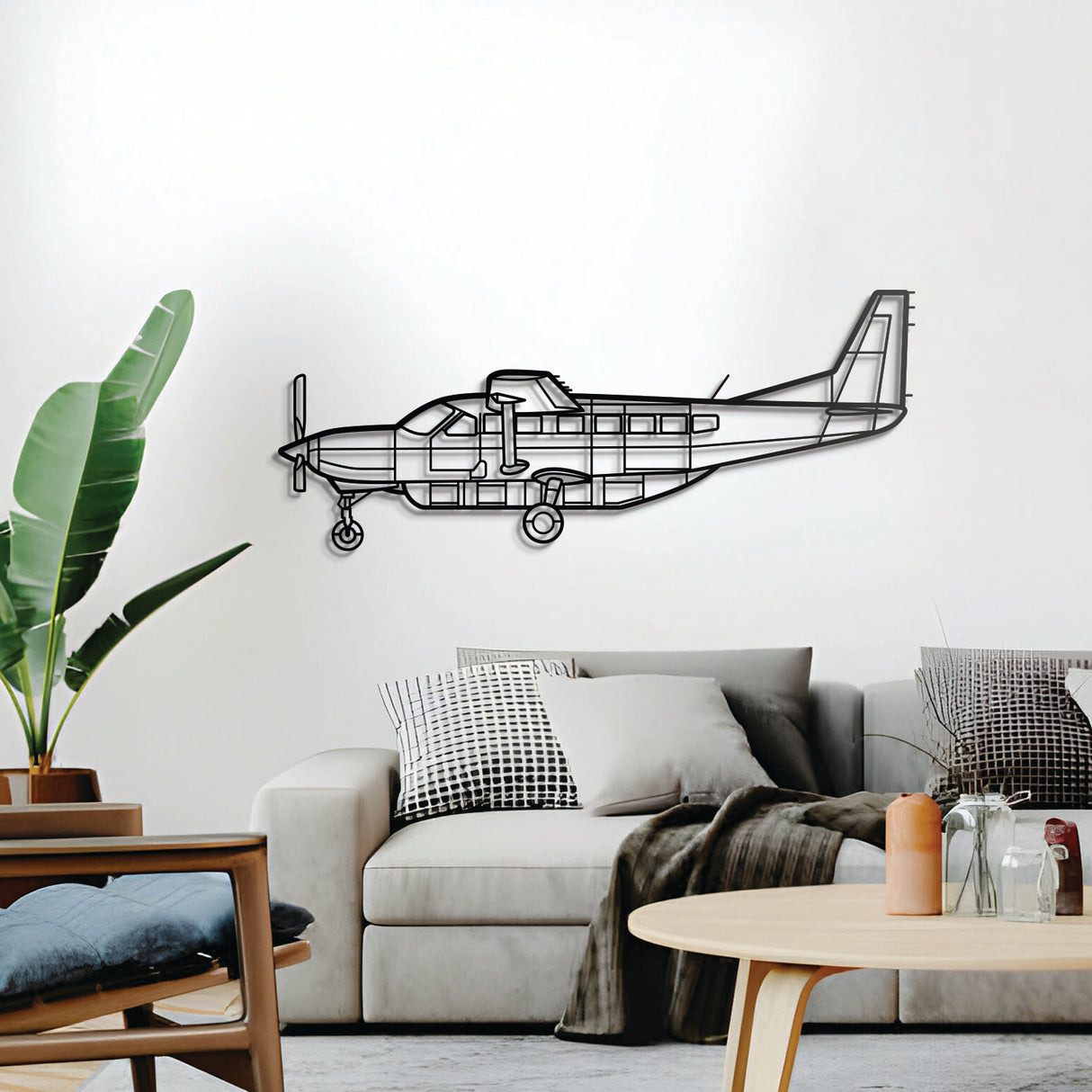 Minimalist Cessna 208 Caravan metal silhouette — subtly elevated from the wall for 3D depth