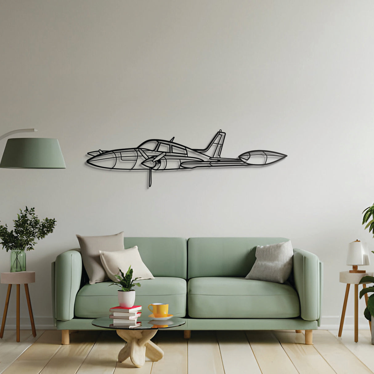 310R metal wall décor – precision laser‑cut angled twin‑engine aircraft floating off the wall for dimensional and aviation‑heritage appeal