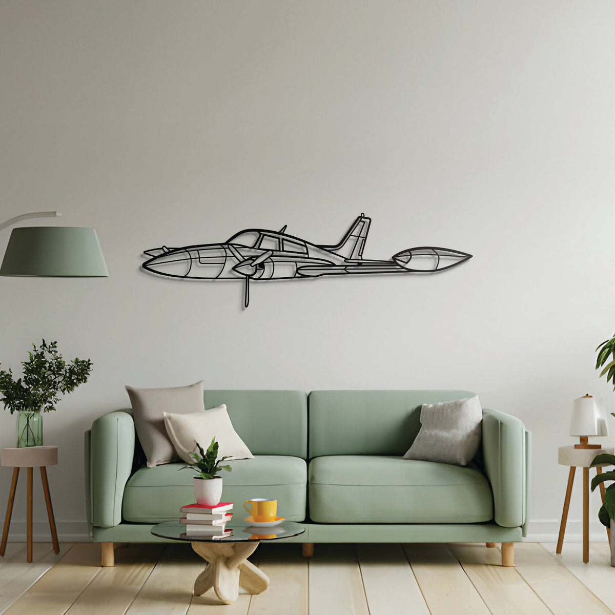310R metal wall décor – precision laser‑cut angled twin‑engine aircraft floating off the wall for dimensional and aviation‑heritage appeal