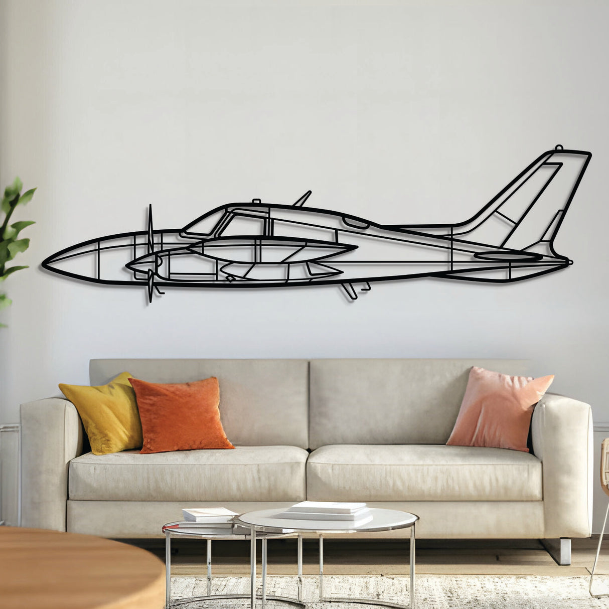 Cessna 310R light aircraft silhouette — laser-cut black metal wall art with subtle floating effect