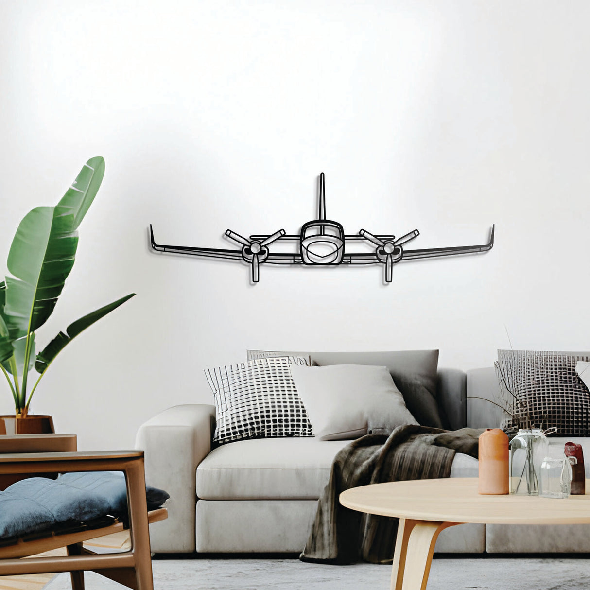 Cessna 421C pressurized twin piston aircraft silhouette, floating 1 cm from wall, ready-to-hang centerpiece