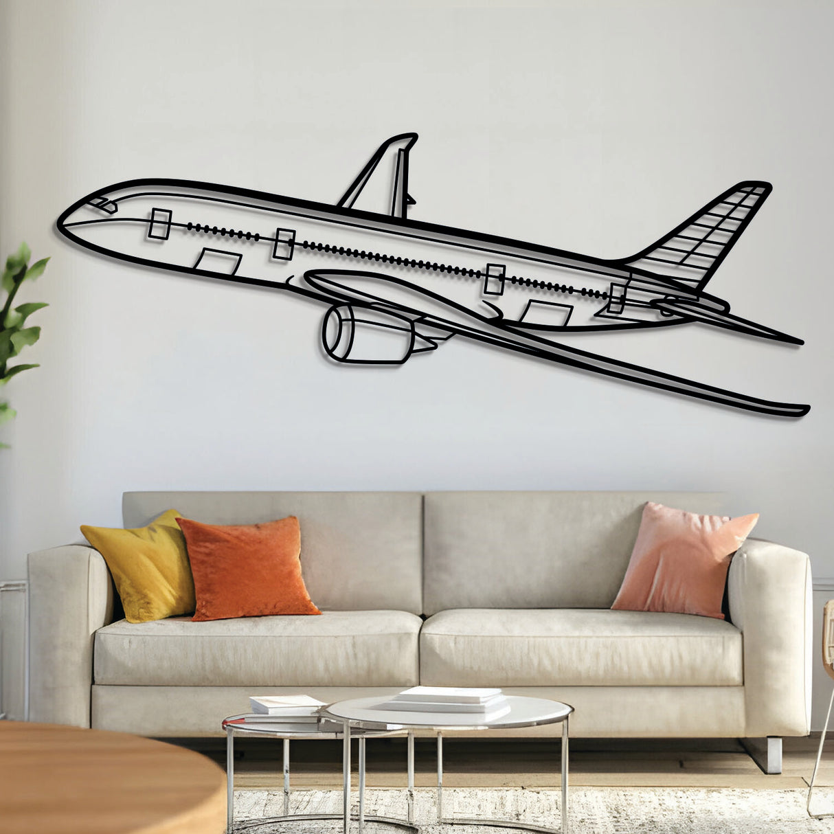 Boeing 787 angle silhouette — laser-cut black metal wall art with subtle floating effect