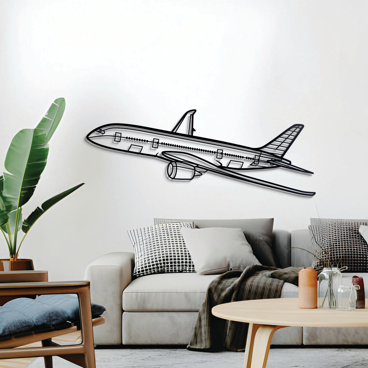 787 Dreamliner angled profile wall décor in textured matte steel for aviation-themed interiors