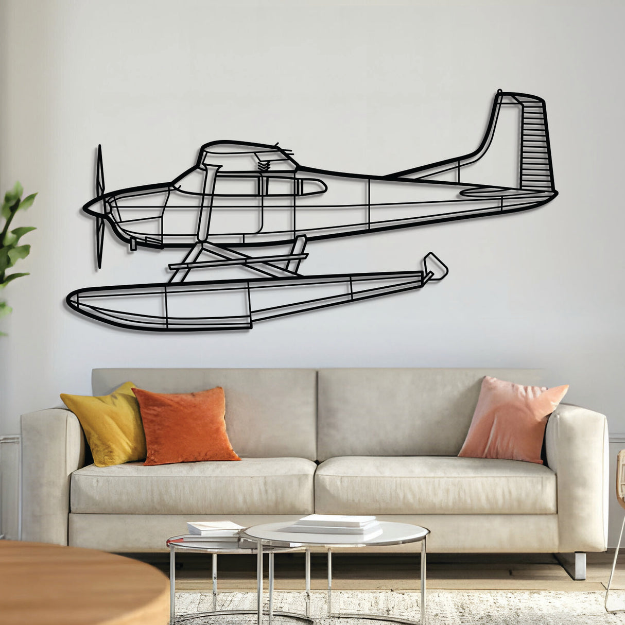 Cessna A185F floatplane silhouette — laser-cut black metal wall art with floating effect