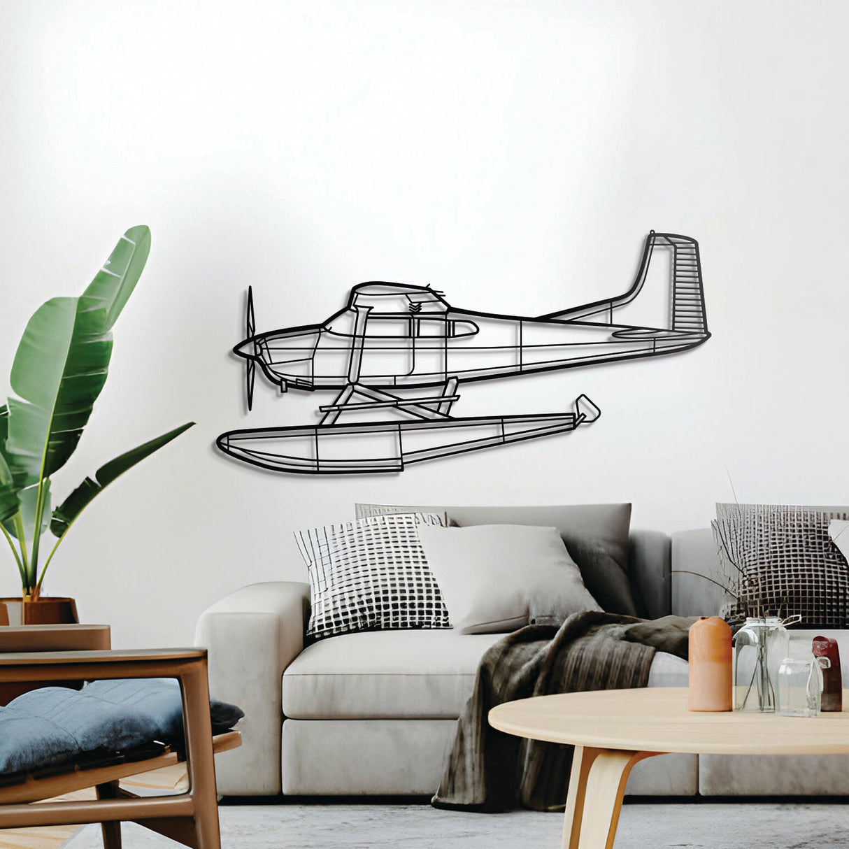 Minimalist Cessna A185F floatplane silhouette — slightly elevated for visual depth