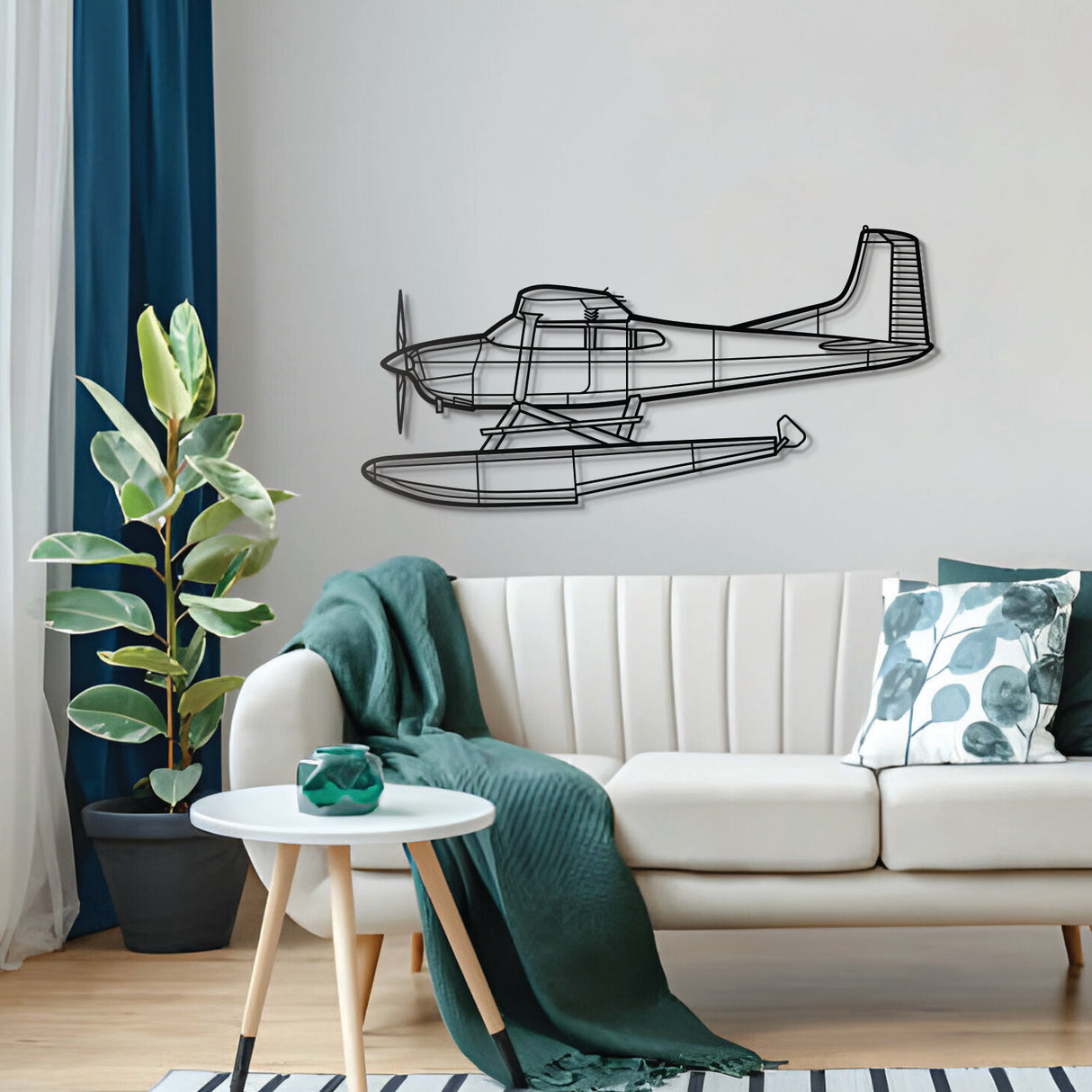 A185F floatplane wall décor in textured matte steel, styled for aviation interiors