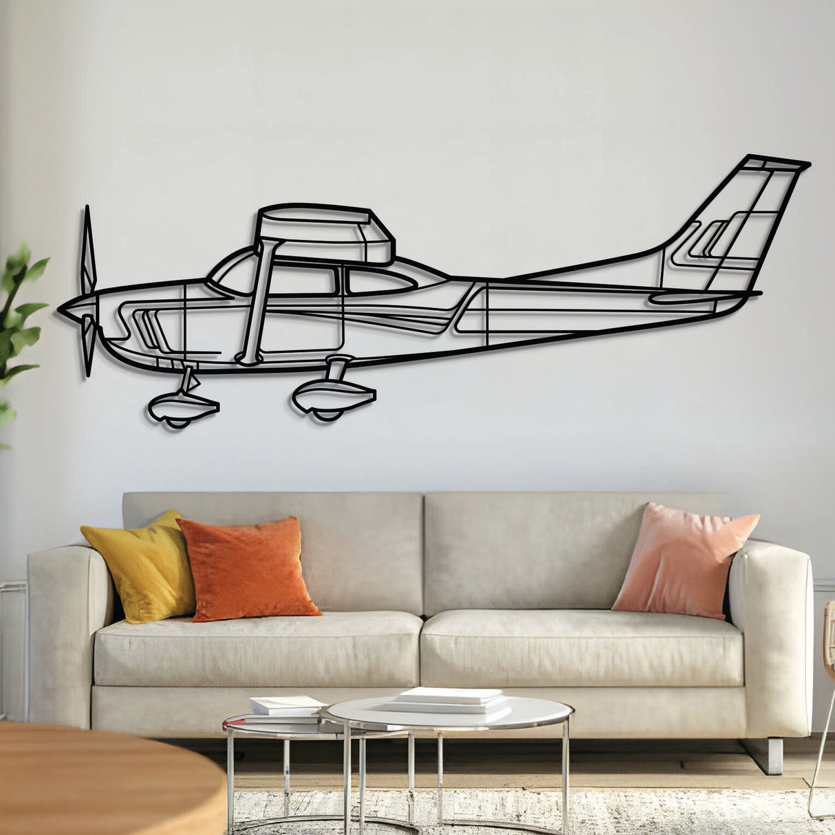 Cessna 182 Skylane light aircraft silhouette — laser-cut matte black steel wall art with floating 3D effect