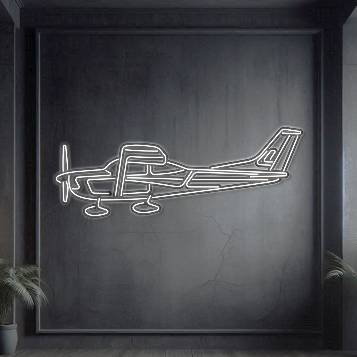 Cessna 182 Skylane single‑engine light aircraft neon silhouette wall art, laser‑cut steel with glowing neon outline and sculptural 3D elevation