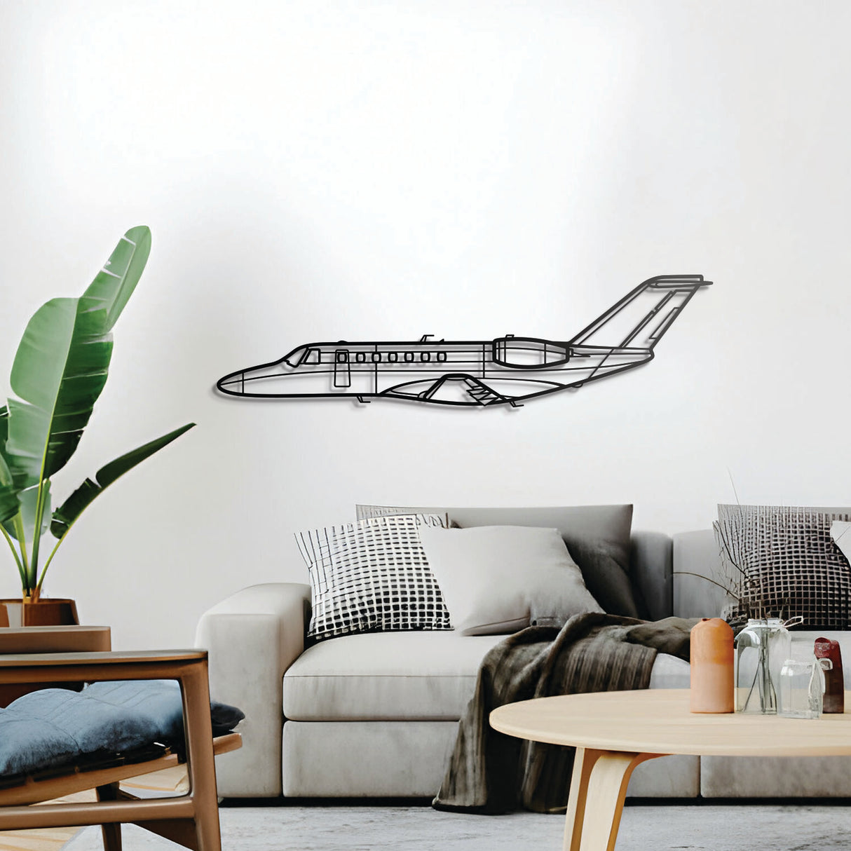 CJ3+ jet wall décor — powder-coated textured steel in matte black, ready-to-hang modern aviation art