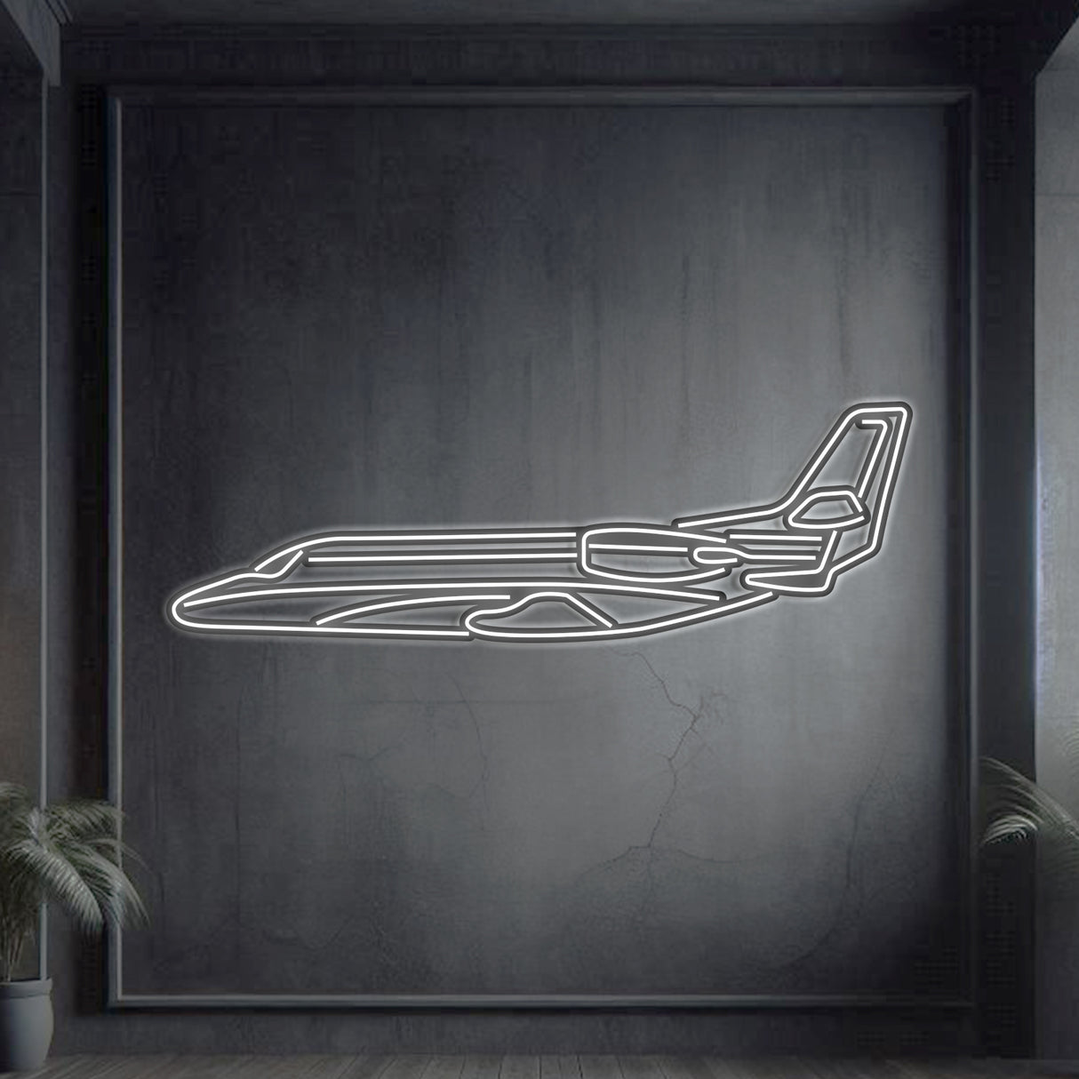 Cessna Citation XLS mid‑size business jet neon silhouette wall art, laser‑cut steel with glowing neon outline and sleek 3D elevation
