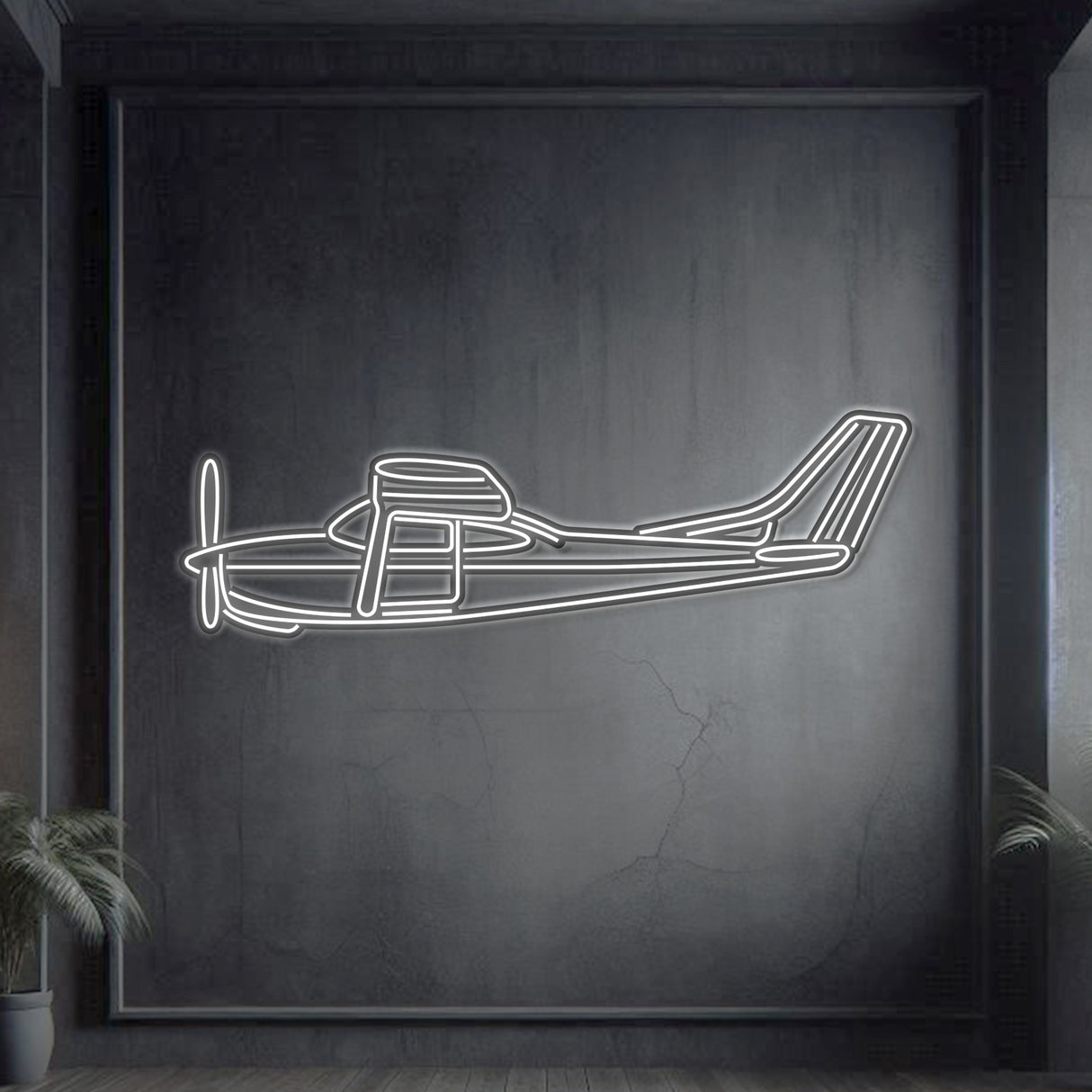 Cessna R182 Skylane RG neon silhouette wall art, laser‑cut steel with glowing neon outline and dramatic 3D elevation