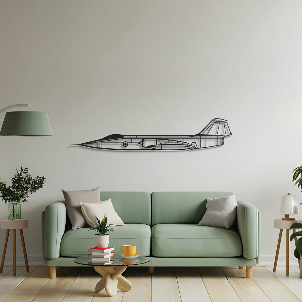 Avgeek centerpiece: CF‑104 laser‑cut steel wall art with matte finish and elevation screws for aviation décor