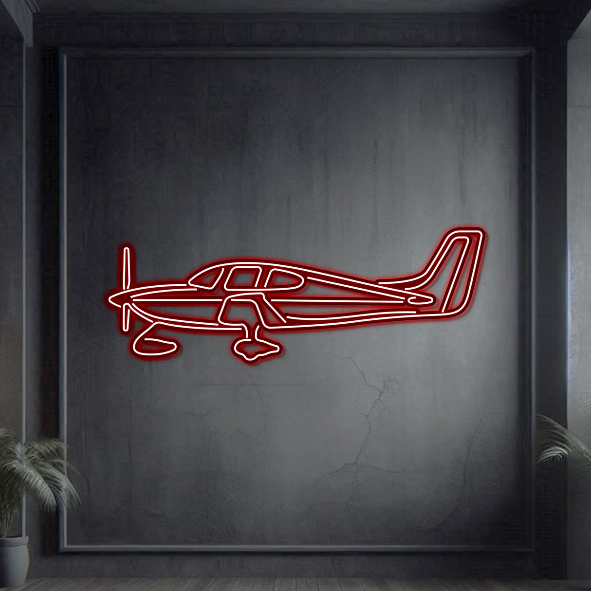 Neon-lit Cirrus SR22 silhouette wall art, matte steel with floating neon frame delivering captivating 3D depth