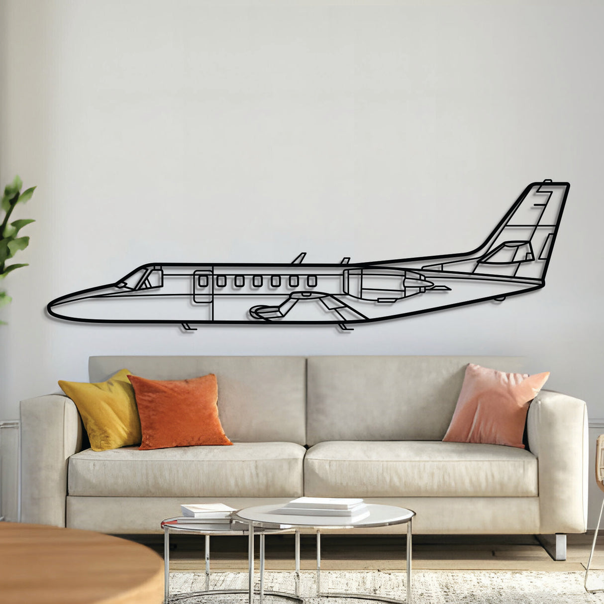 Citation V metal aircraft wall art, laser‑cut 2 mm steel with matte powder coat and floating 3D effect