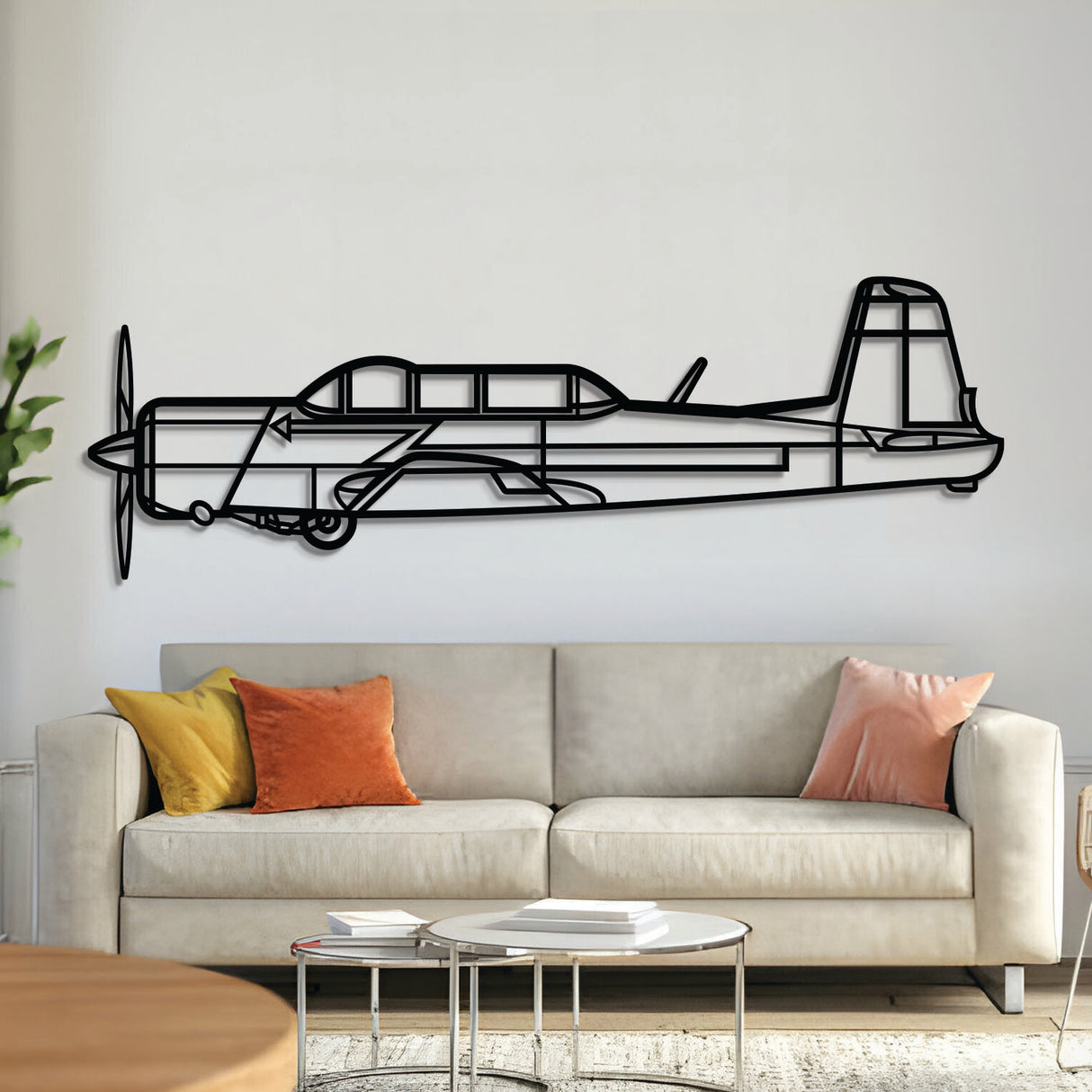 CJ‑6 basic trainer aircraft wall art, laser‑cut 2 mm steel with matte textured finish and 3D elevation