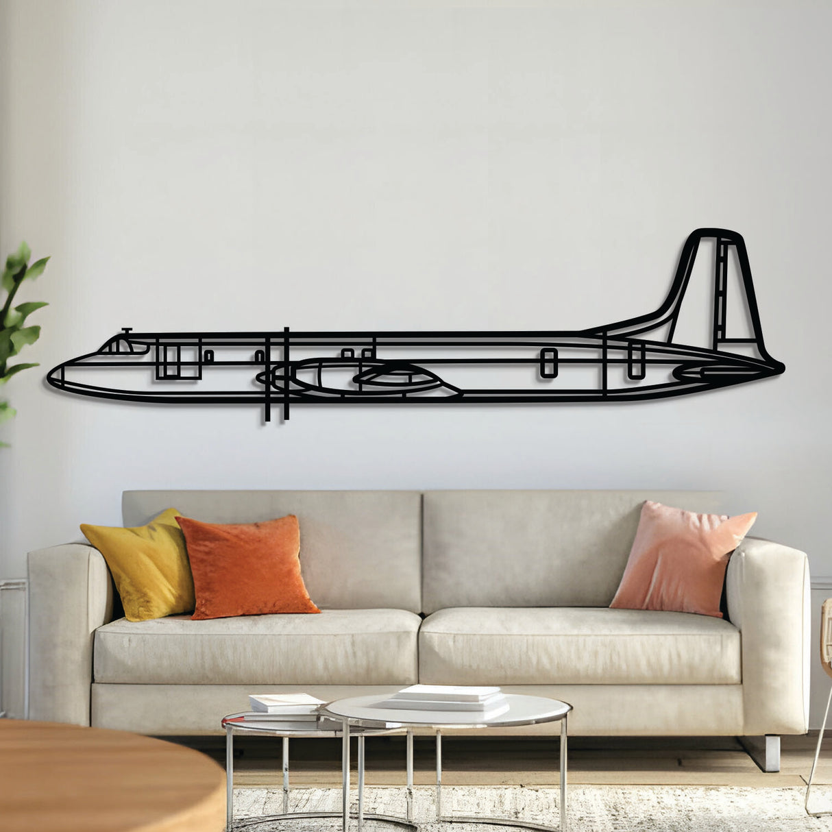 Canadair CL‑44 swing‑tail turboprop aircraft metal wall art, laser‑cut 2 mm steel with matte textured finish and 3D elevation