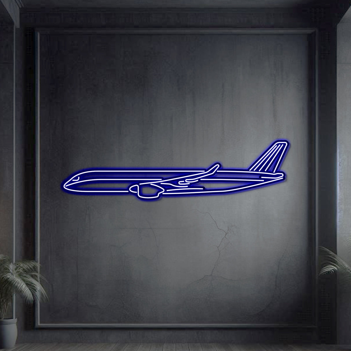 Sleek A350 neon aircraft wall art, laser-cut steel, matte powder coat, modern floating 3D design