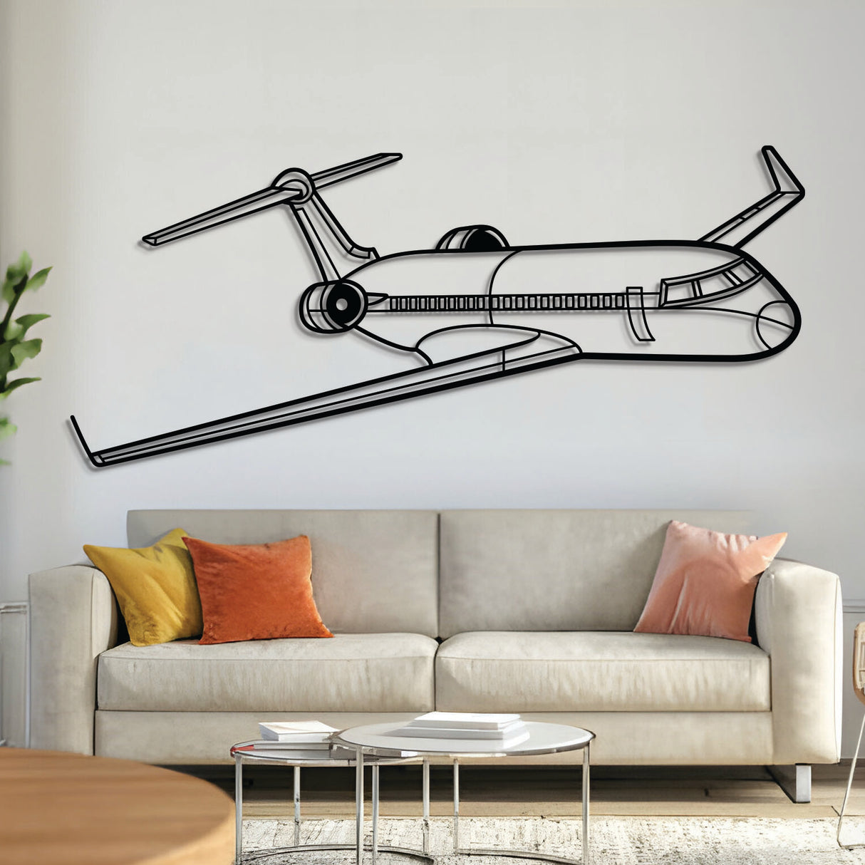 CRJ 700 angle metal aircraft wall art in 2 mm laser‑cut steel with matte powder‑coated textured finish and 1 cm elevation screws for a striking 3D effect