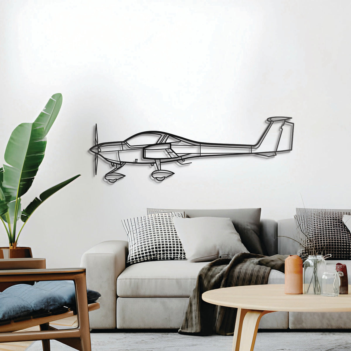 DA20 metal airplane wall sculpture – sleek general aviation jet trainer artwork with floating 3D effect