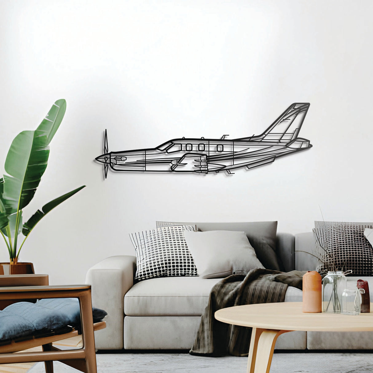 Daher TBM-850 business turboprop metal wall décor – minimalist steel aviation silhouette with subtle shadow lift
