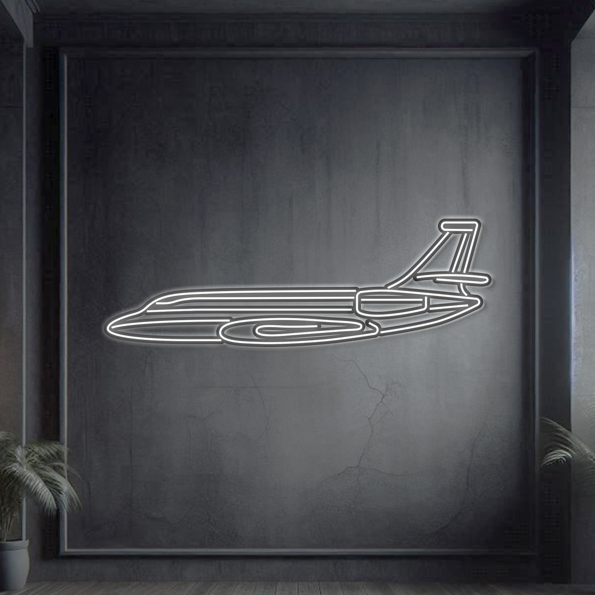 Neon aircraft wall art featuring Dassault Falcon 2000 adding vibrant glow to garage décor