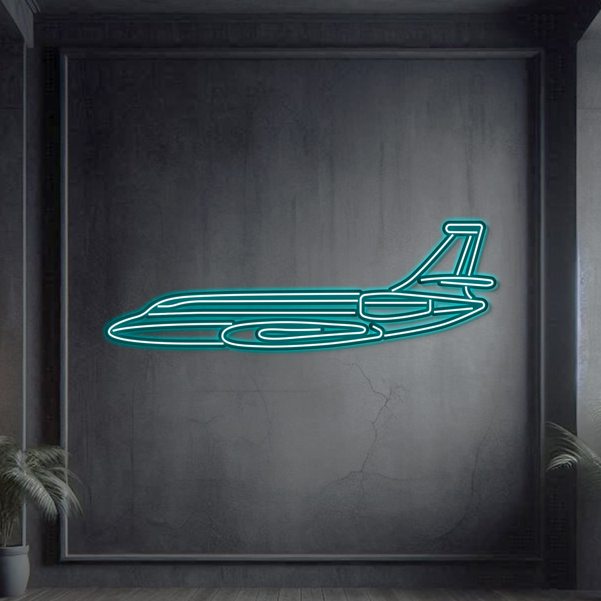 Neon aviation wall art with Falcon 2000 transforming bedroom or lounge with luminous flair