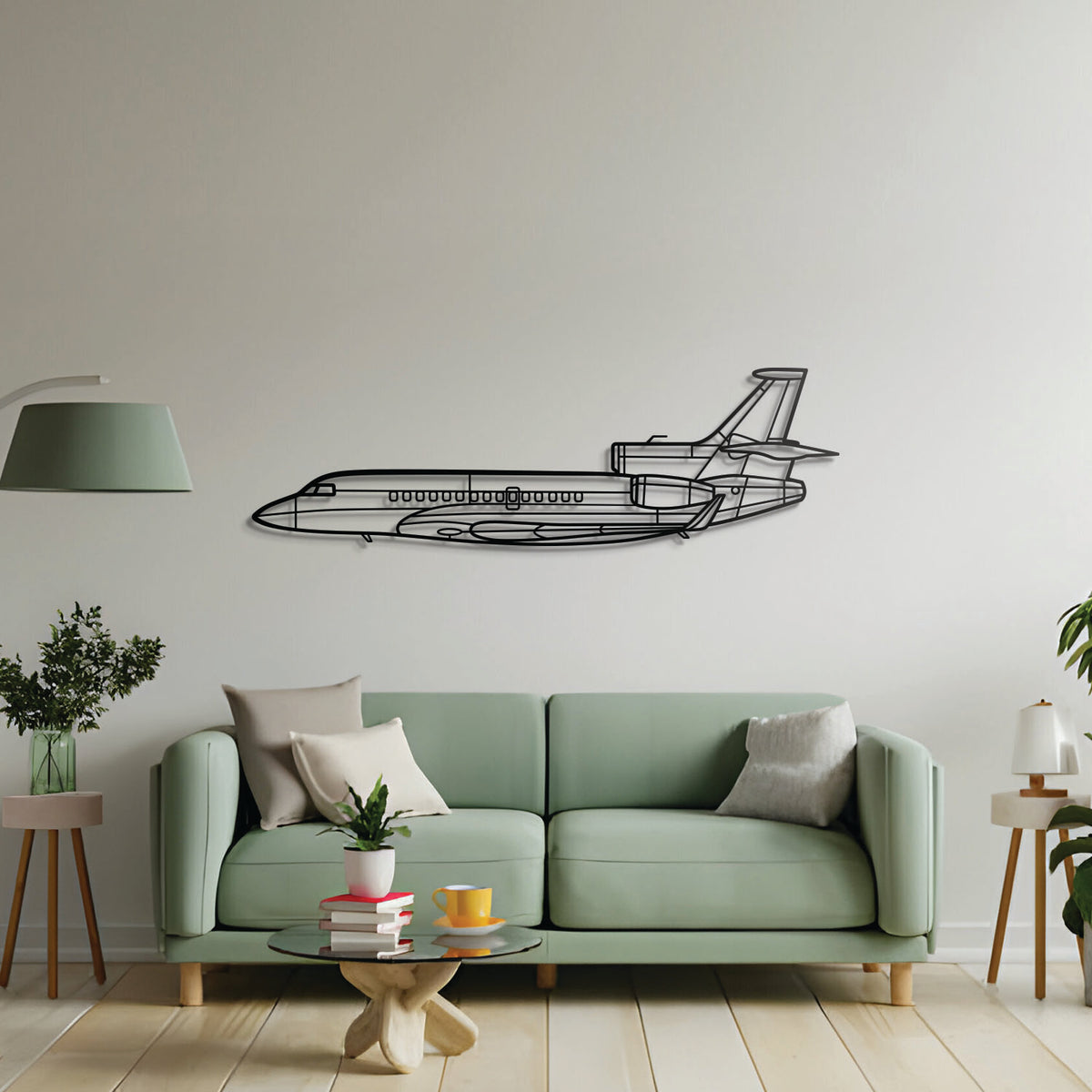 Falcon 7X executive jet wall décor – black steel aircraft silhouette with elegant floating 3D design
