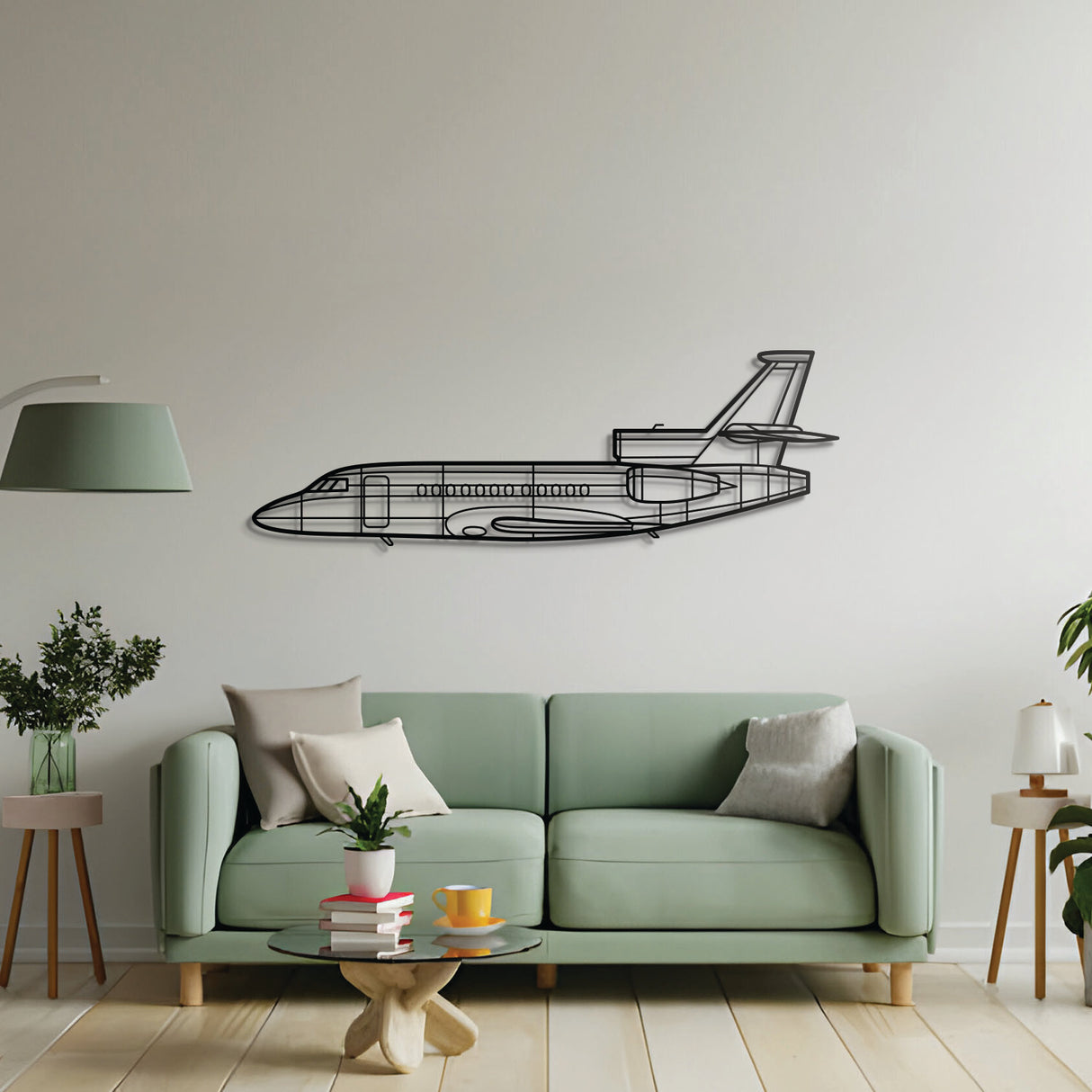 Falcon 900EX executive jet wall décor – black steel aircraft silhouette with floating 3D design
