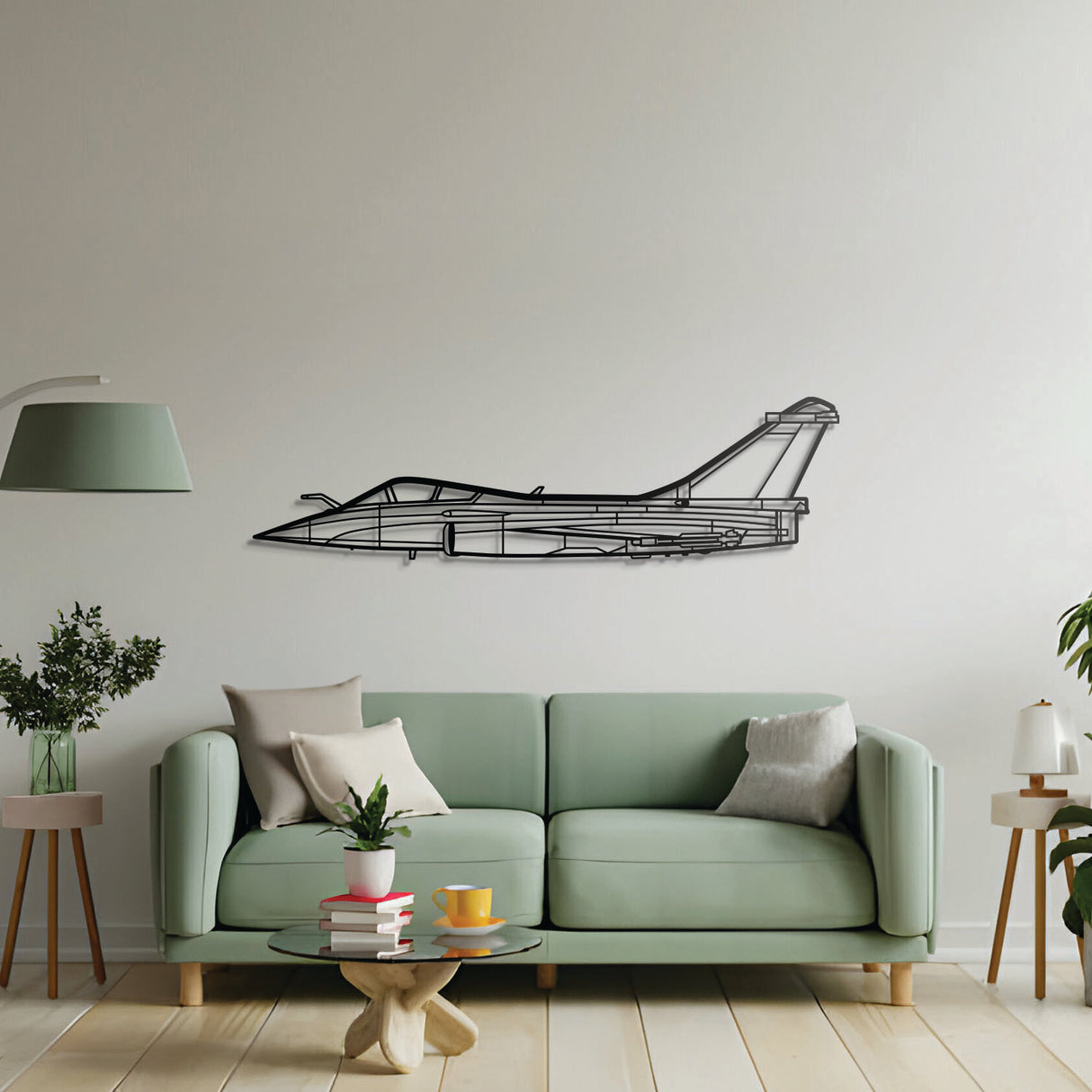 Front-view Rafale C multirole fighter silhouette art, laser-cut steel ready-to-hang décor for living spaces
