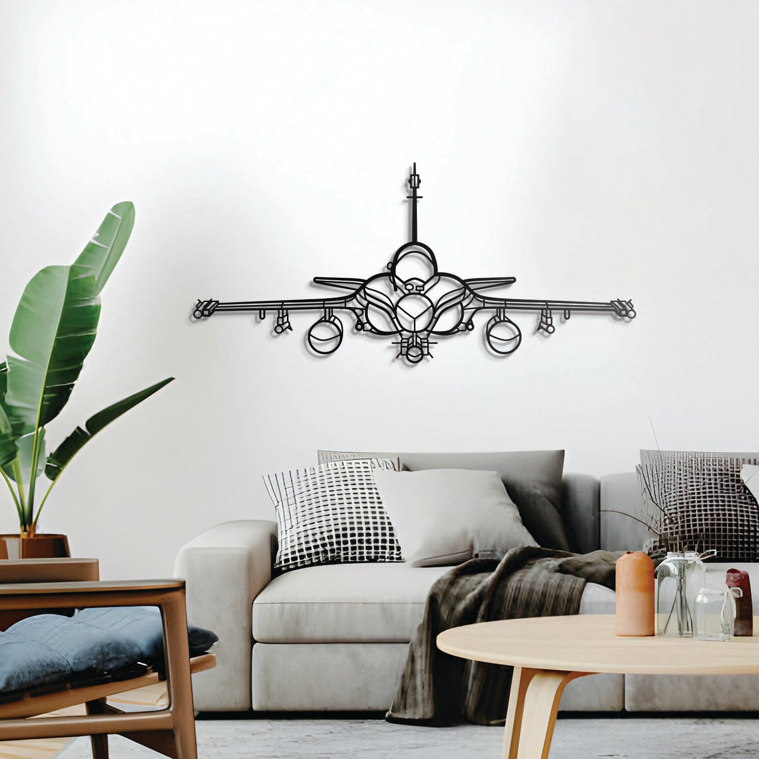 Rafale front silhouette 3D metal wall décor, elevated 1 cm from wall, ready-to-hang aviation centerpiece