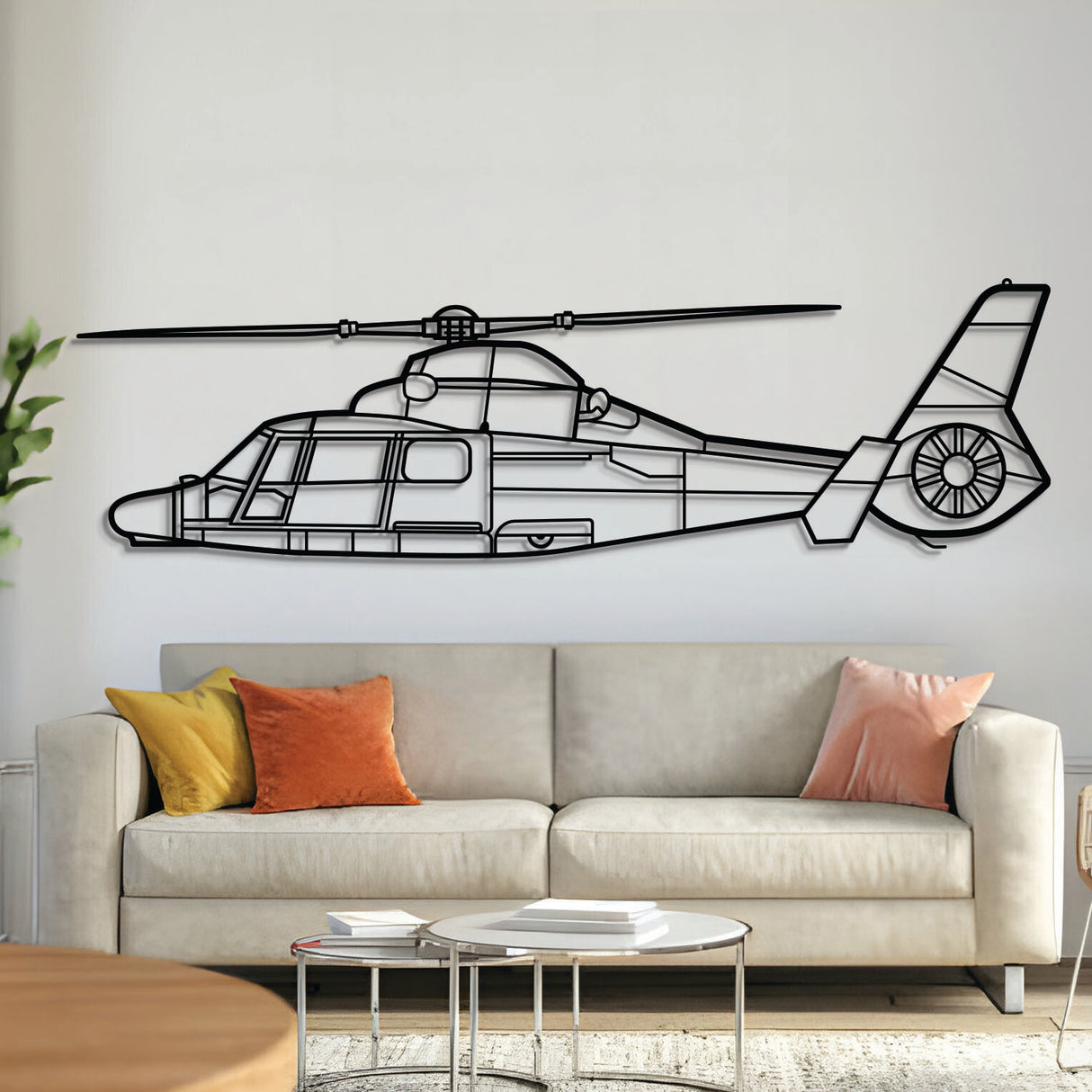 Dauphin AS365N3+ helicopter metal wall art – laser-cut matte black steel silhouette with 3D floating effect