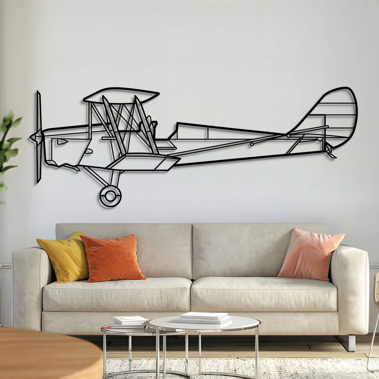 DH‑82 Tiger Moth metal aircraft wall art, laser-cut 2 mm steel with matte powder coat and floating 3D effect