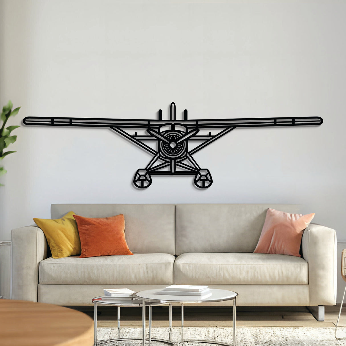 DHC‑2 Beaver metal aircraft wall art, laser-cut 2 mm steel with matte textured finish and 3D elevation