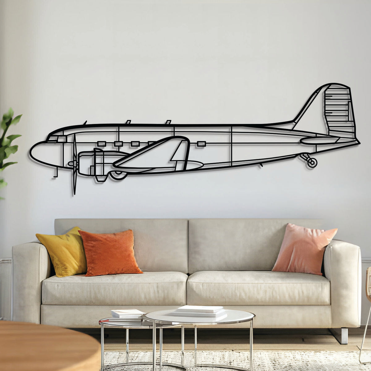 Douglas DC‑3C metal aircraft wall art – laser‑cut steel silhouette with matte textured finish and floating 3D effect