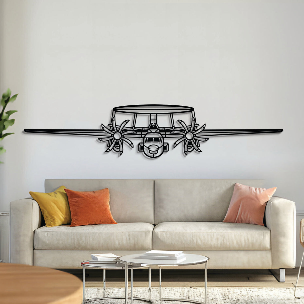 E‑2 Hawkeye front metal aircraft wall art in 2 mm laser‑cut steel with matte textured powder‑coated finish and elevation screws lifting it 1 cm off the wall for a 3D floating effect