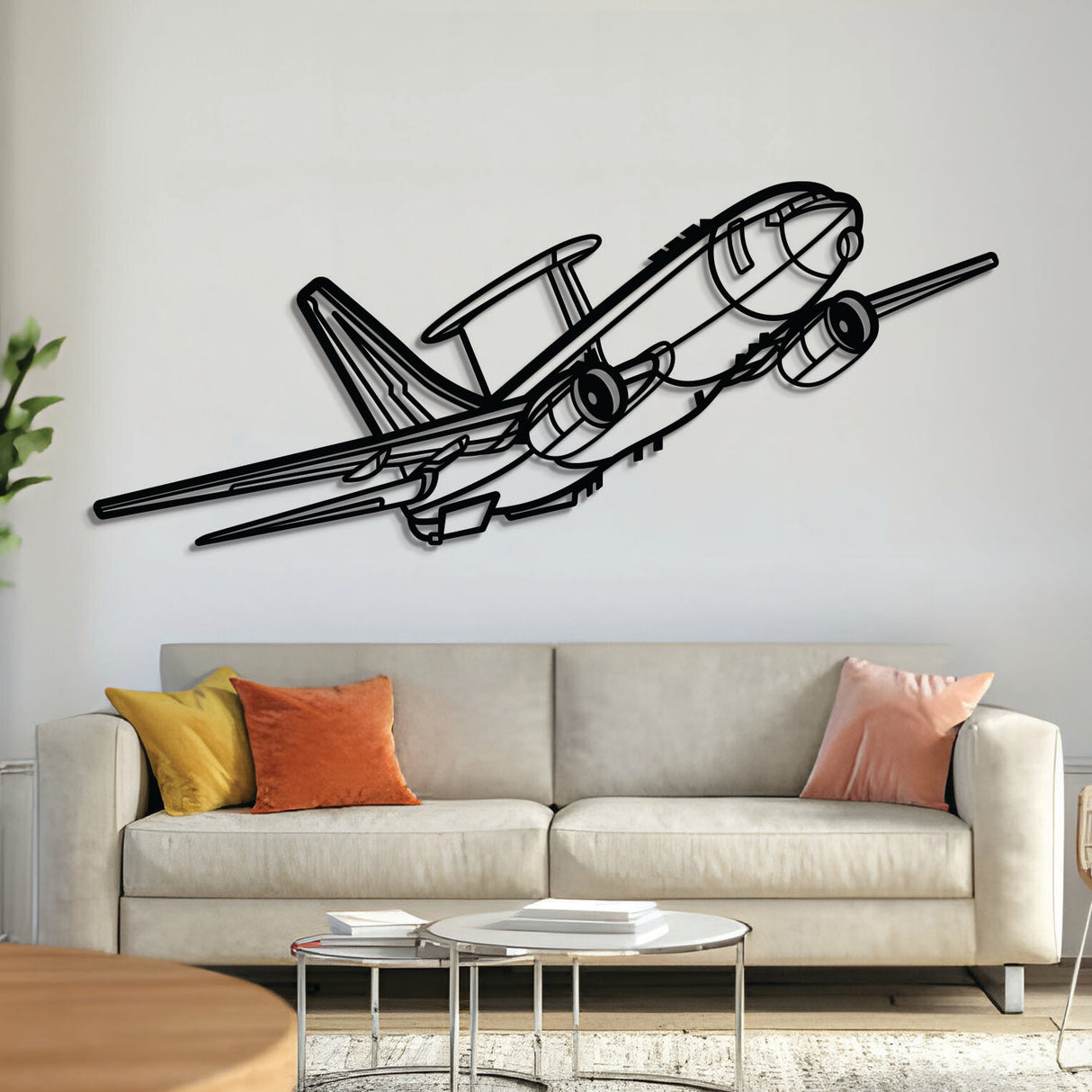 E‑7A Wedgetail angle-view metal aircraft wall art, laser‑cut 2 mm steel with matte textured finish and 3D elevation