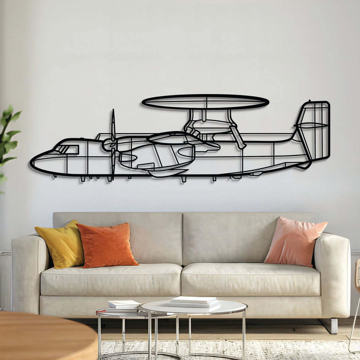 E-2D Hawkeye AEW airborne early warning aircraft metal wall art – laser-cut matte black silhouette highlighting radar dome and twin propellers