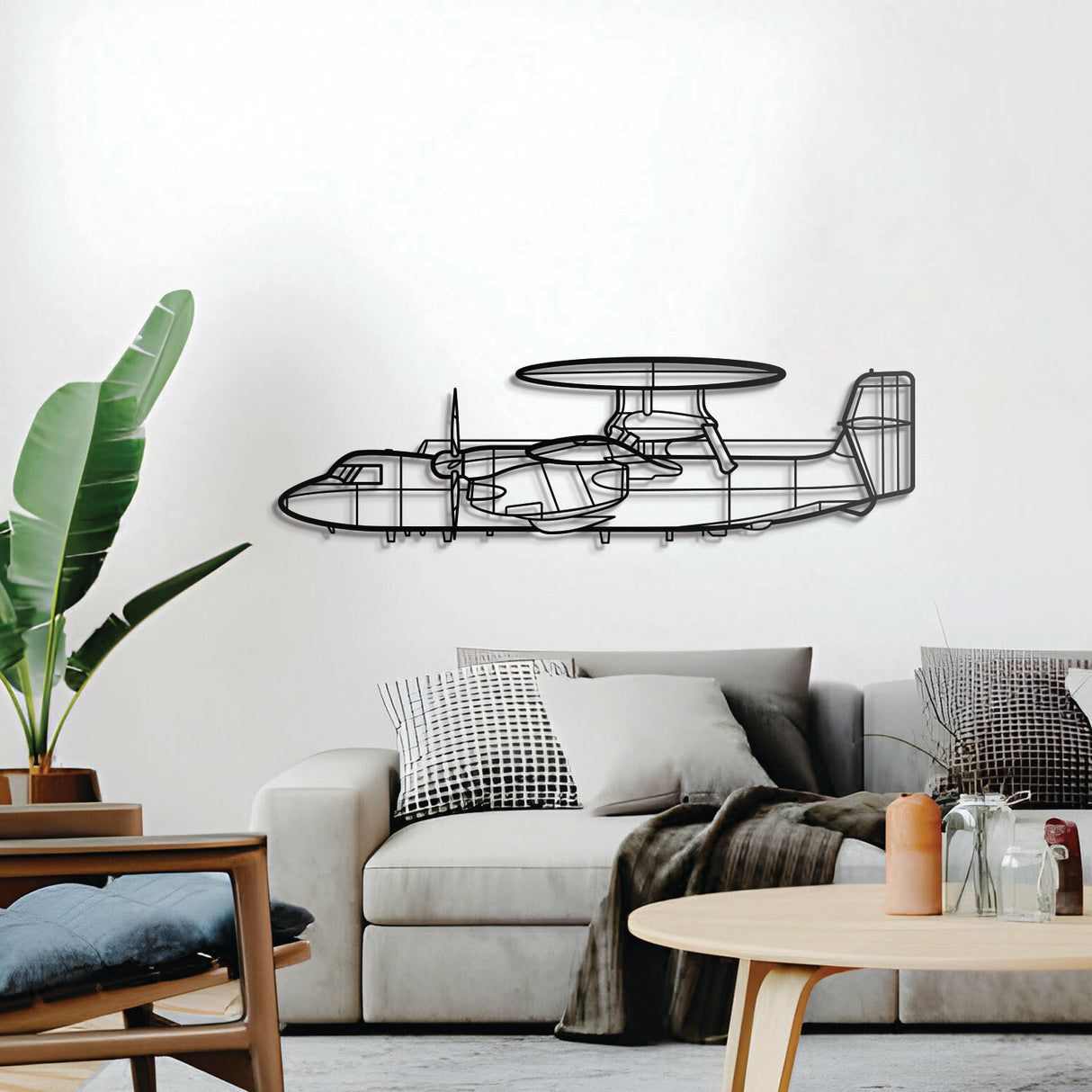 Metal E-2D Hawkeye silhouette wall art – sleek aviation décor with radar rotodome profile for hangar or office