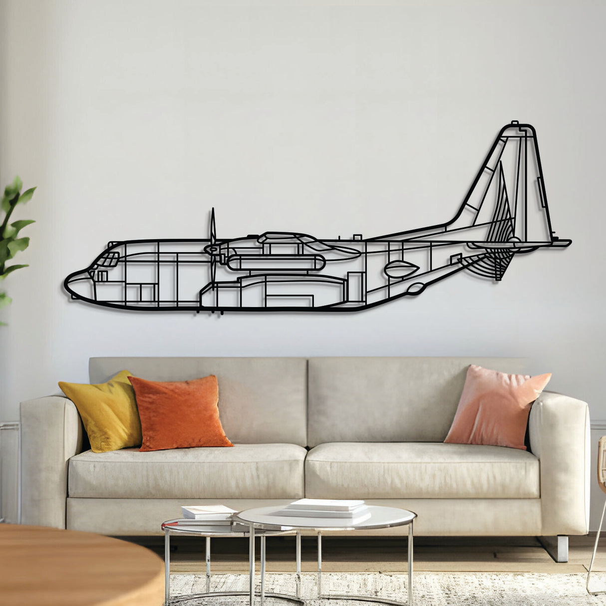 EC‑130 Compass Call metal aircraft wall art in 2 mm laser‑cut steel with matte powder‑coated textured finish and 1 cm elevation screws for a striking 3D effect