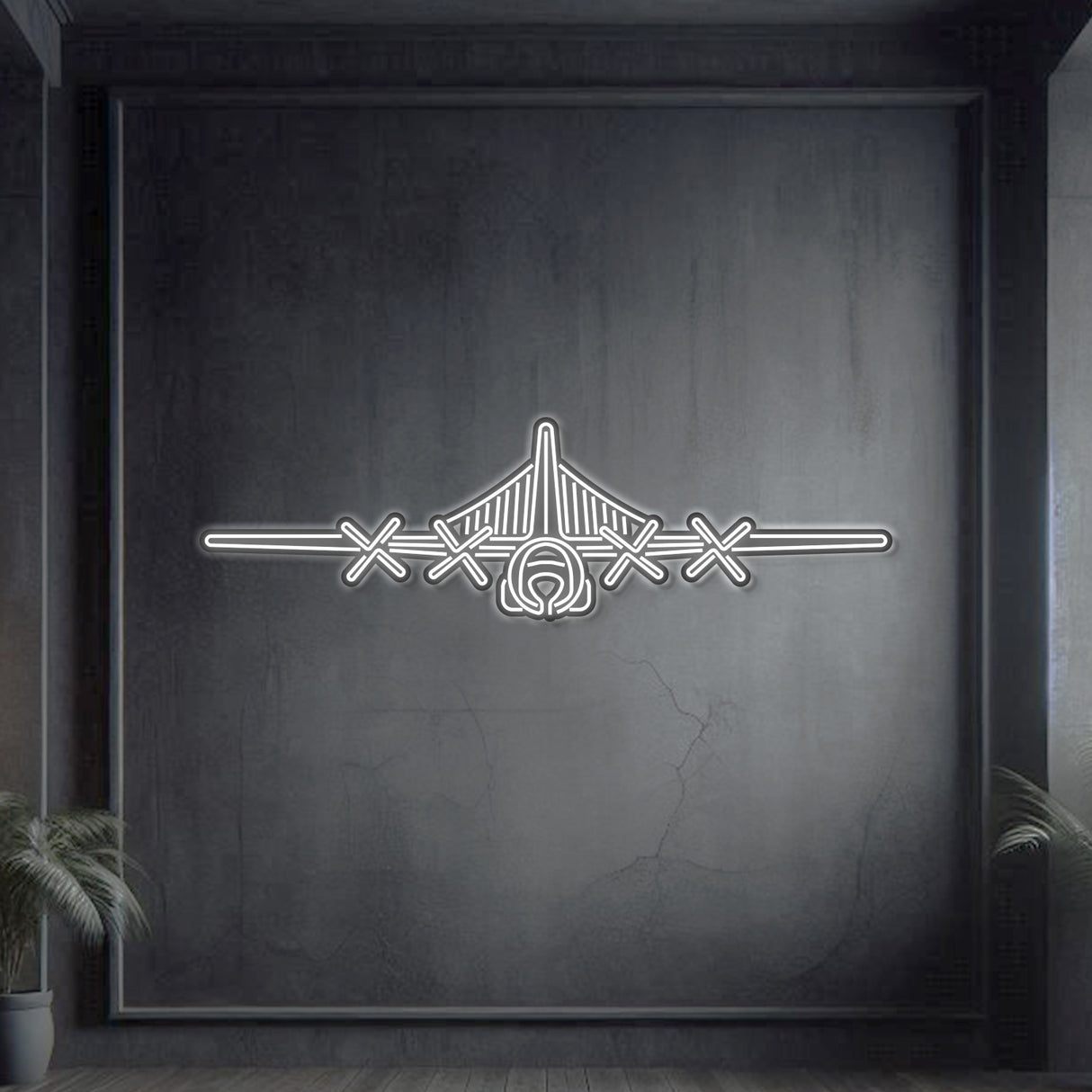 EC‑130H Compass Call front-view neon metal wall art, laser-cut steel silhouette with bold glowing outline and striking 3D depth