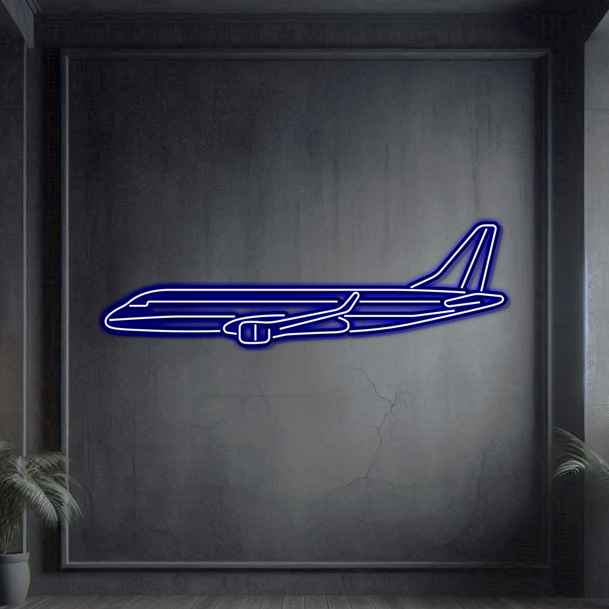 Neon‑lit Embraer E‑175 silhouette, textured matte steel with floating neon frame for eye‑catching 3D depth